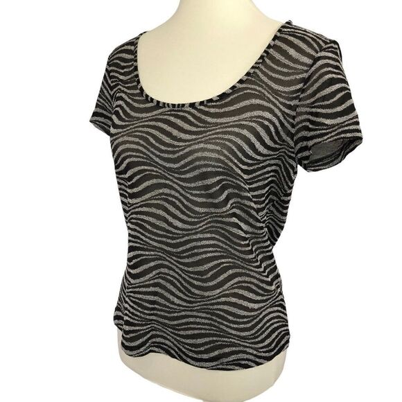 St John Sport by Marie Gray Short Sleeve Top  Wavy Print Black/Beige Size M - Picture 3 of 8